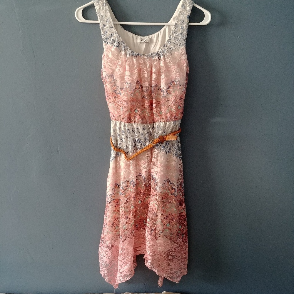 NWOT AUM Lace-overlay handkerchief dress size M